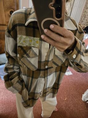 Plaid Button-Front Flannel Shirt Jacket in Brown and Cream